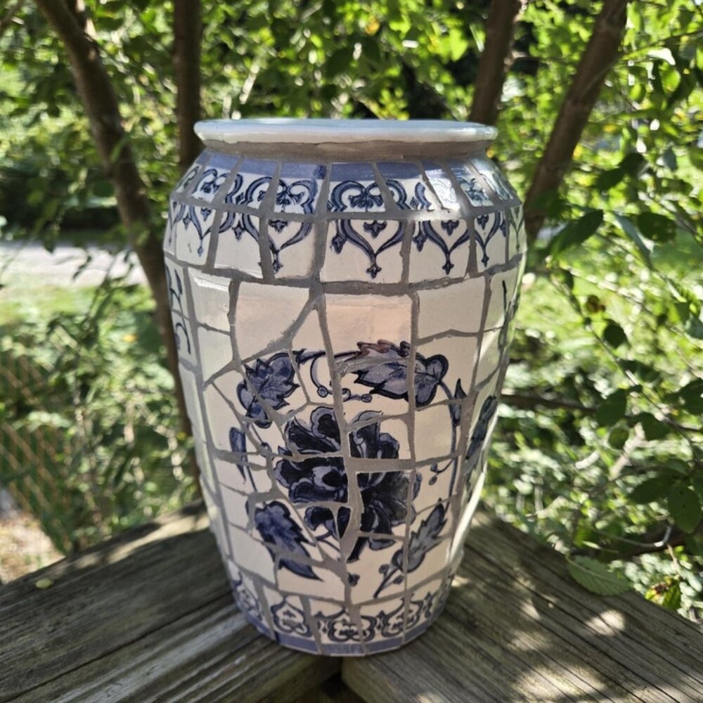 Blue & White Ceramic Mosaic Vase, Handmade